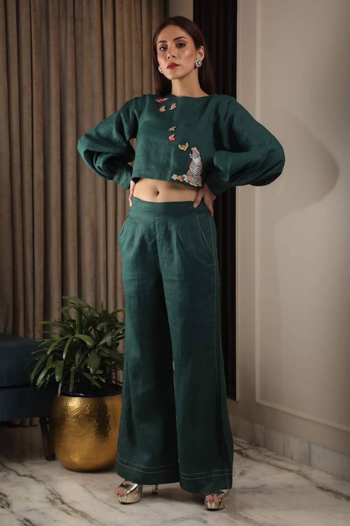 OMANA BY RANJANA BOTHRA Tiger Patch Embroidered Top & Pant Co-ord Set