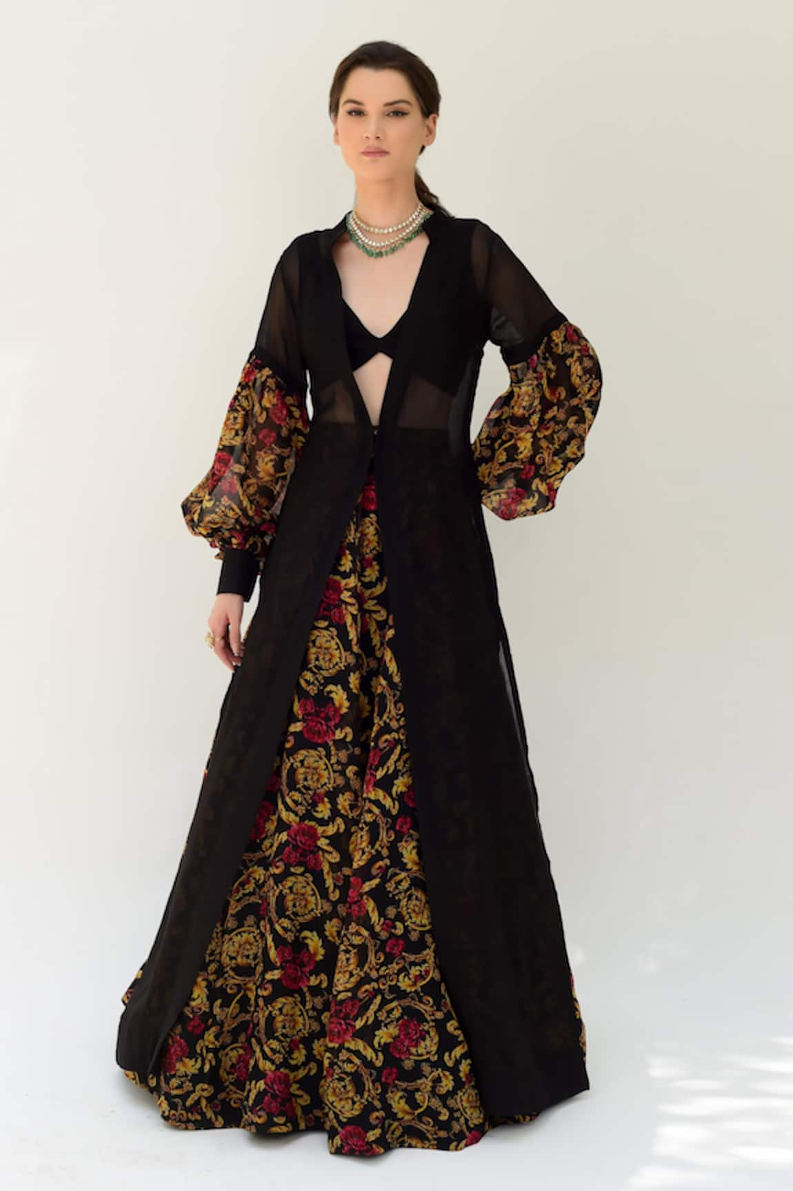 SANAM Black Versailles Floral Pattern Long Jacket Lehenga Set