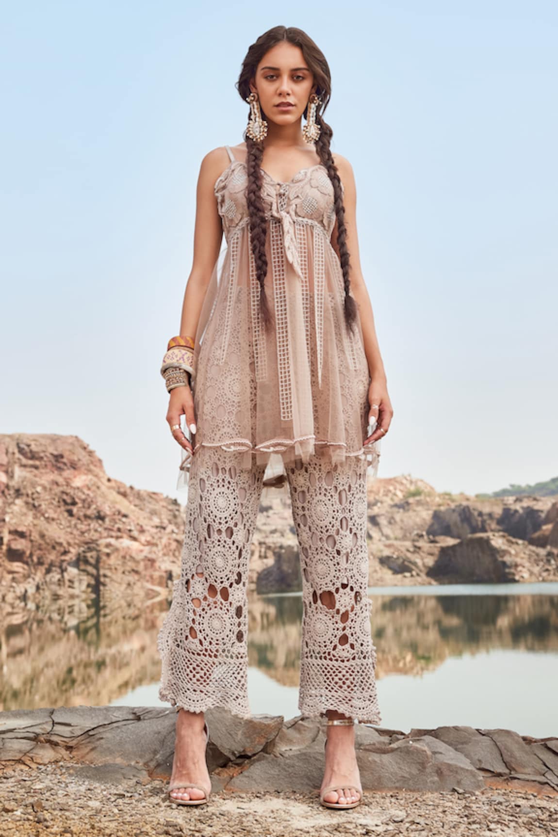 Nandita Thirani Strappy Sheer Kurta & Crochet Pant Set