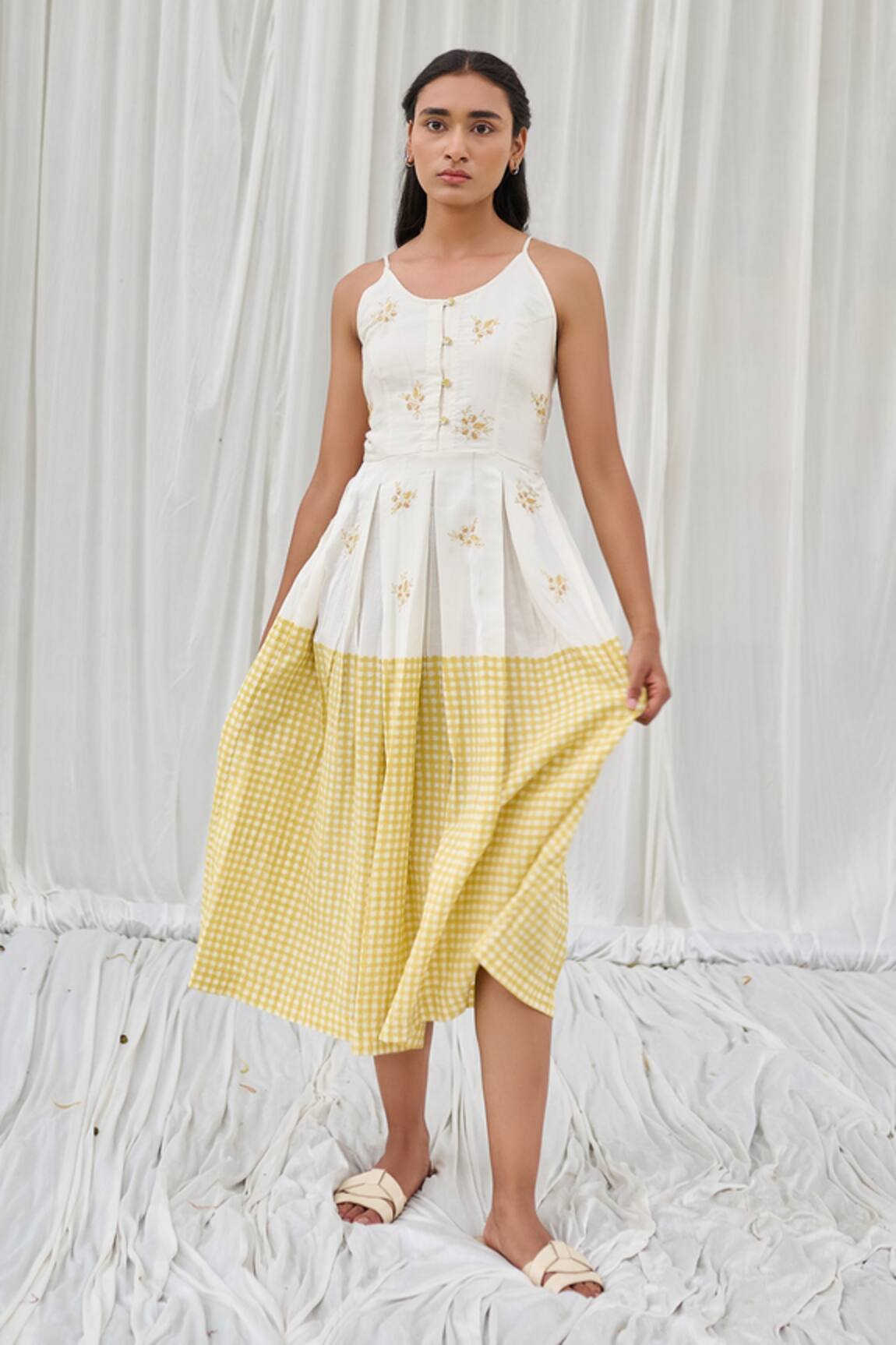 Ayaka Yellow Floral Printed Midi Dress