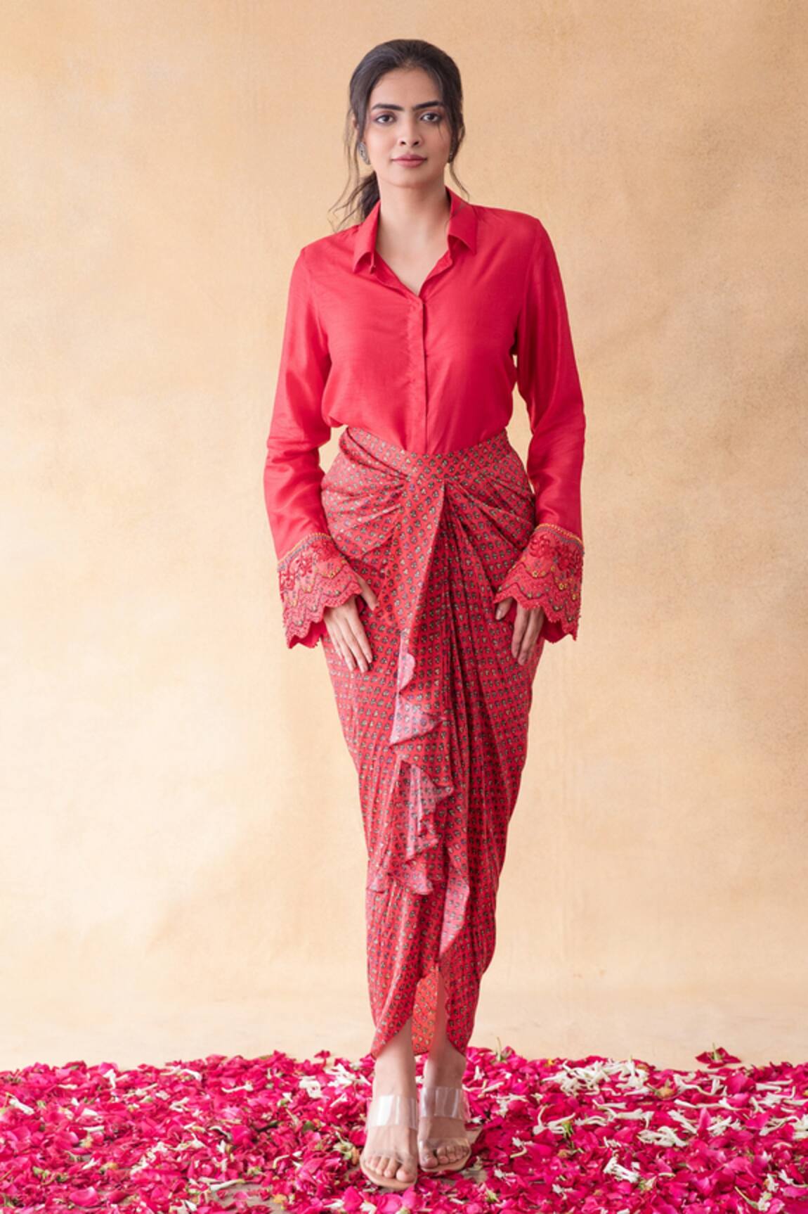 Shachi Sood Bell Sleeves Top And Draped Skirt Set 