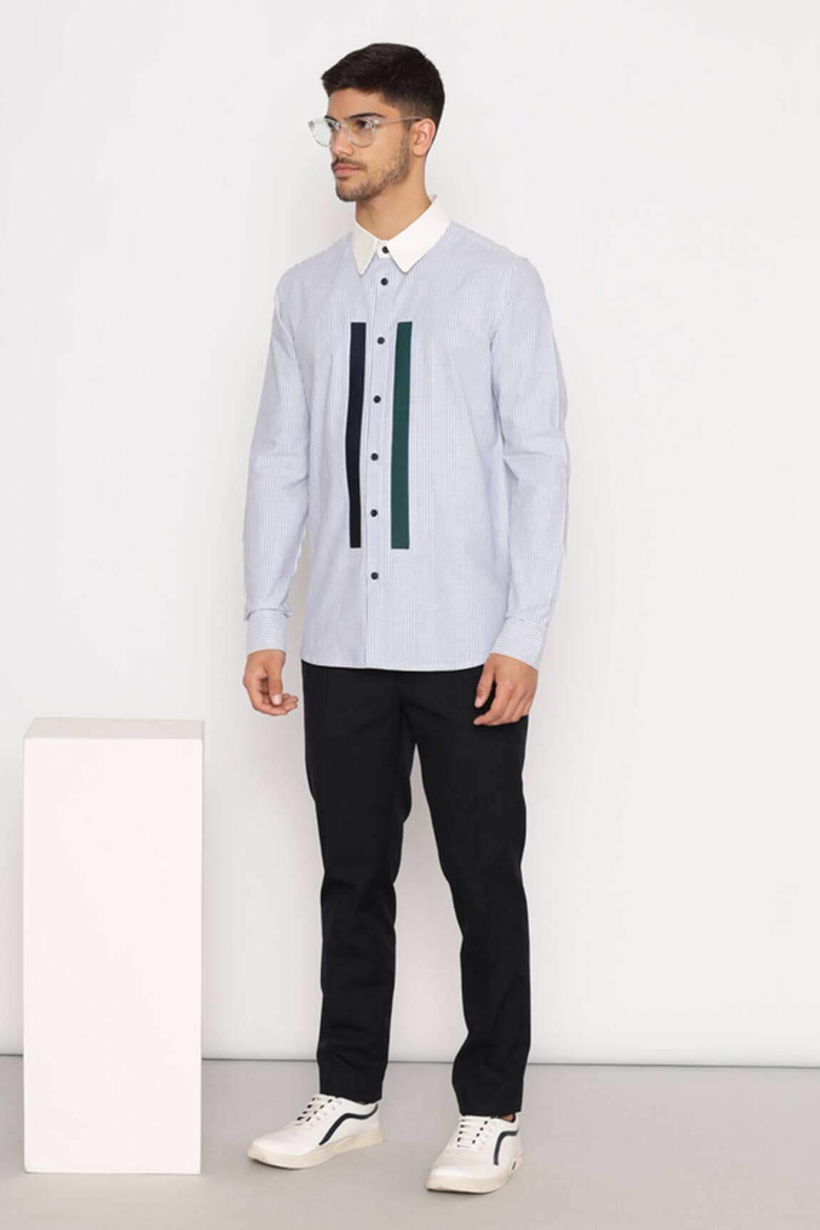 Lacquer Embassy Blue Striped Print Cotton Shirt