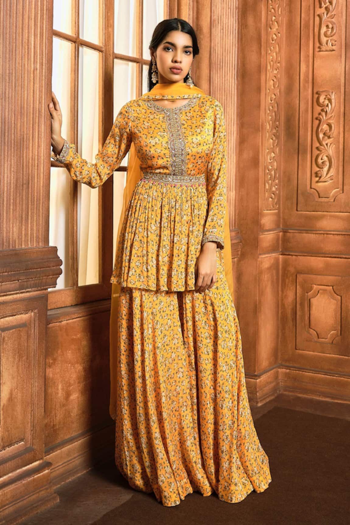 Aneesh Agarwaal Floral Print Peplum Kurta Sharara Set