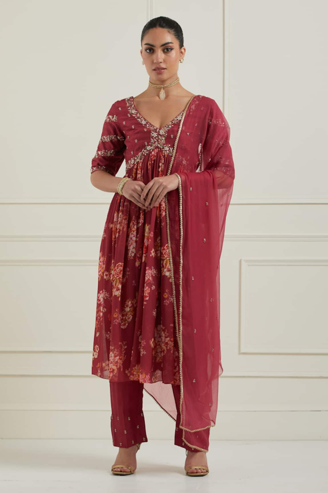 Label Nitisha Floral Print Gathered Kurta Pant Set