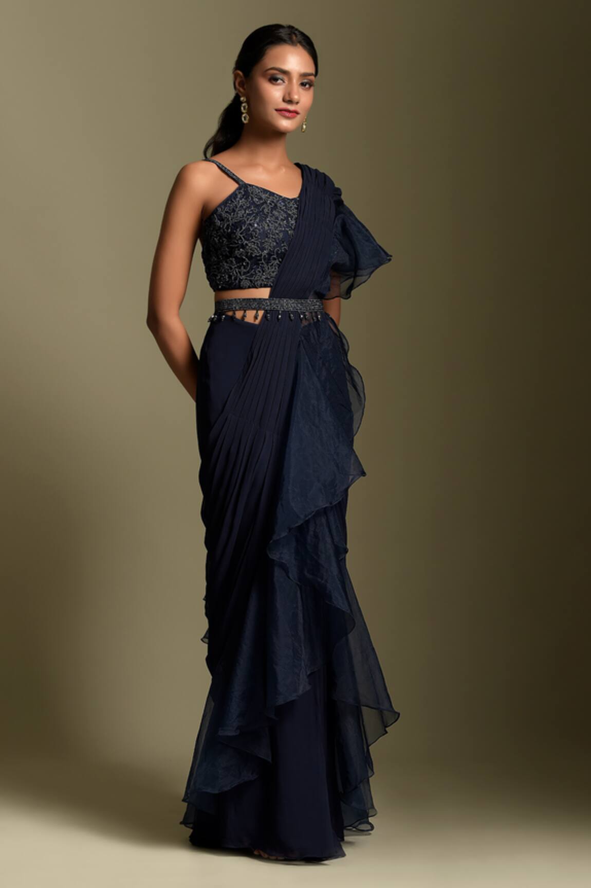 Two Sisters By Gyans Pre-Draped Ruffle Saree With Sequin Embellished Blouse