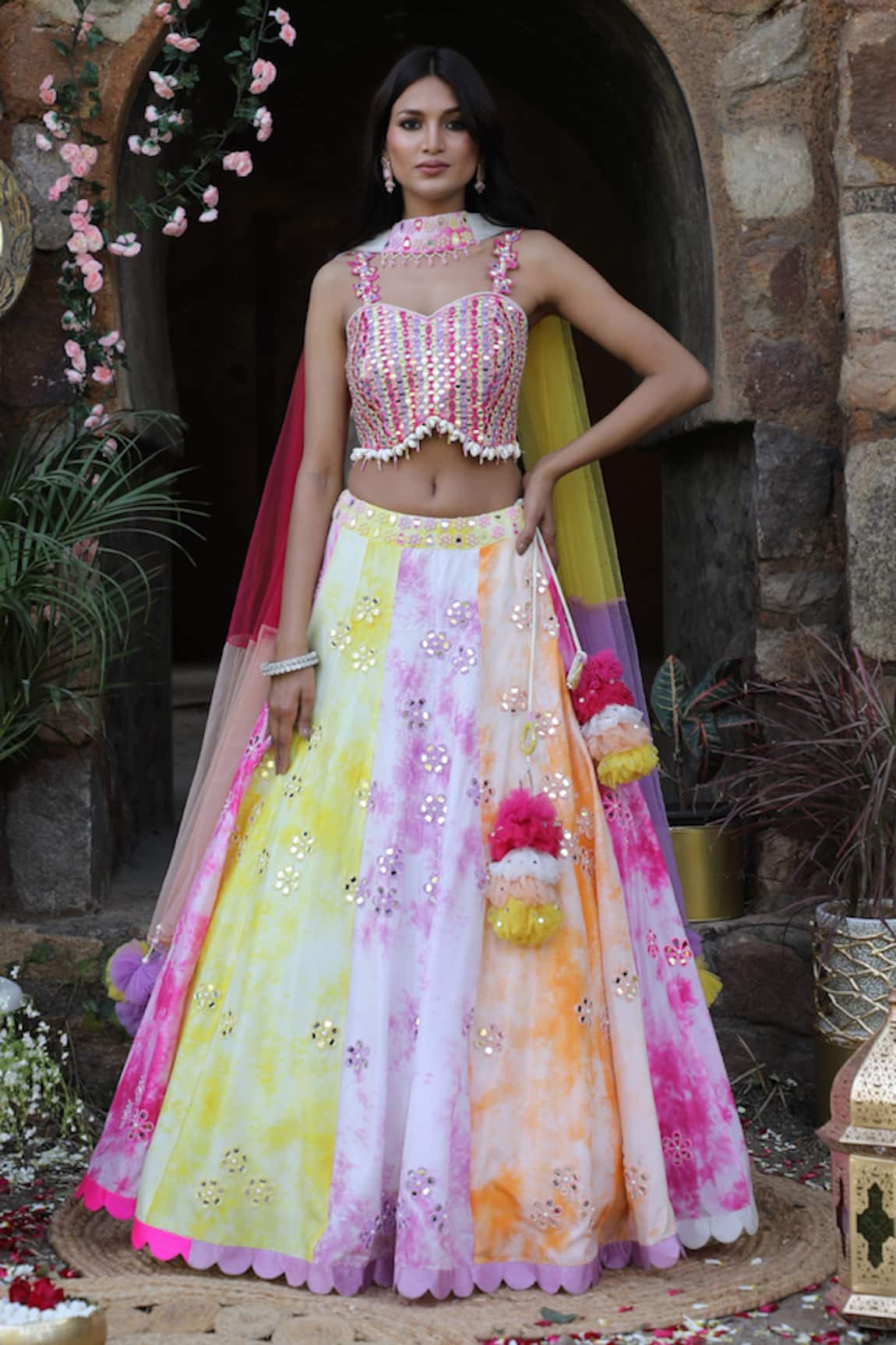 Nitisha Kashyap Official Multi Color Tie & Dye Embroidered Lehenga Set 
