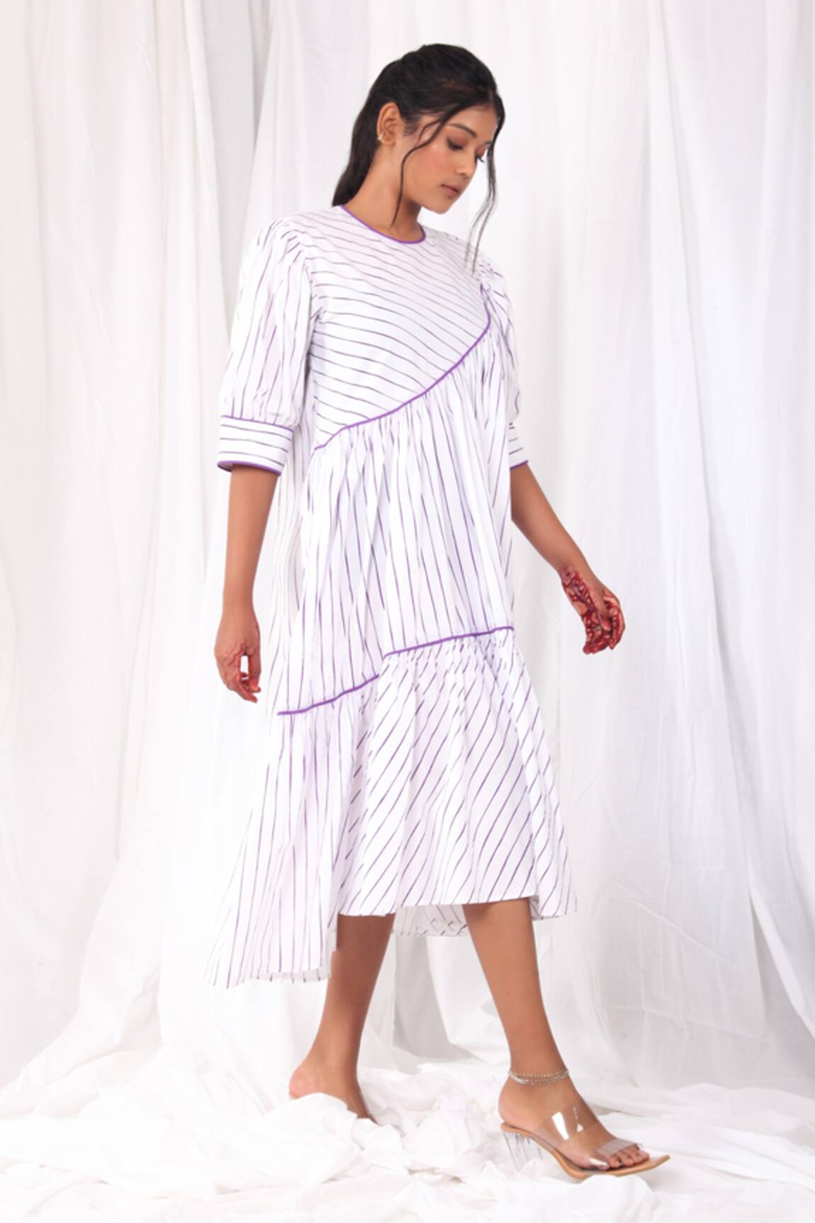 Khat Striped Print Tiered Dress