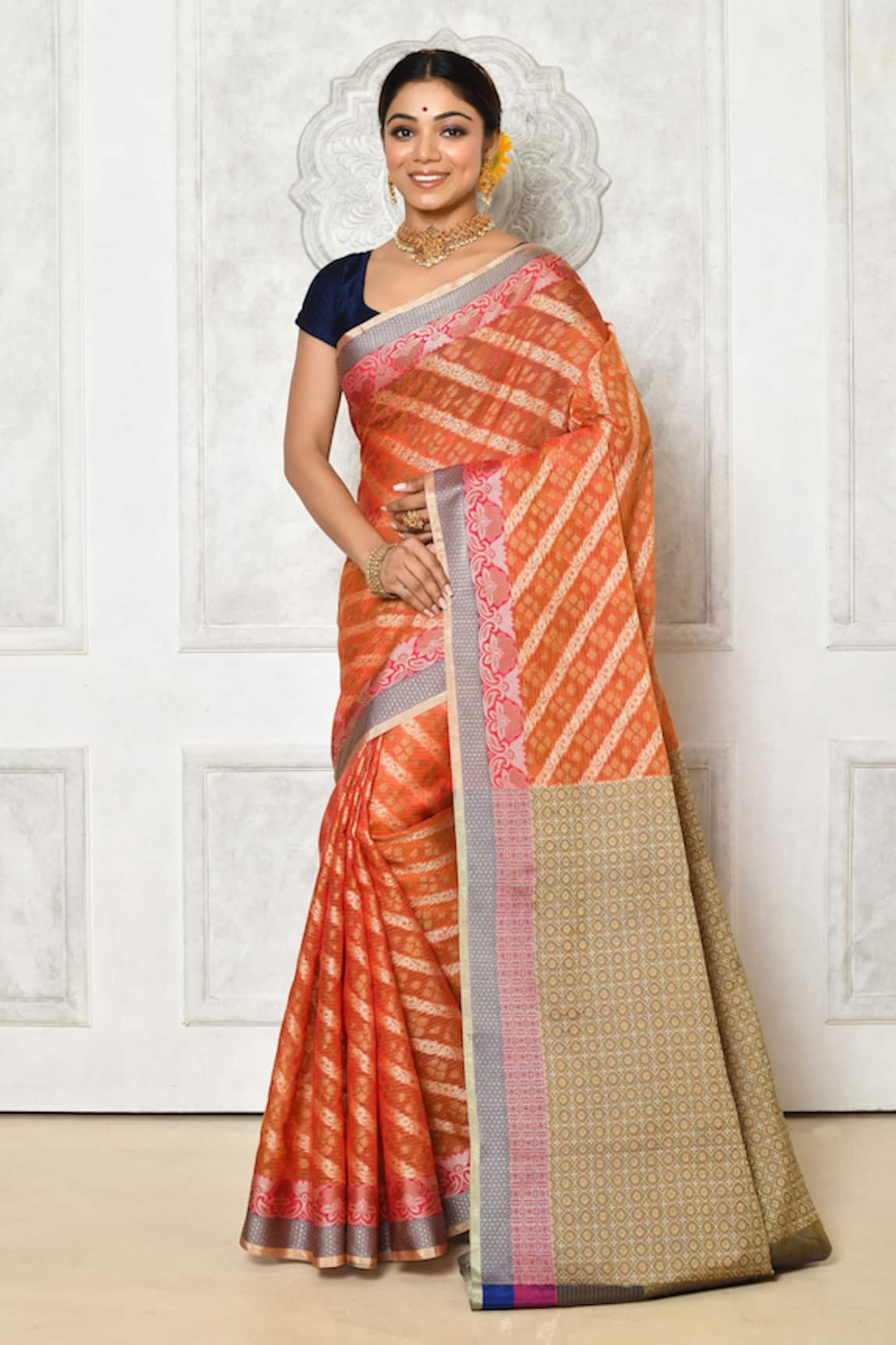 Nazaakat by Samara Singh Floral Stripe Pattern Woven Banarasi Saree