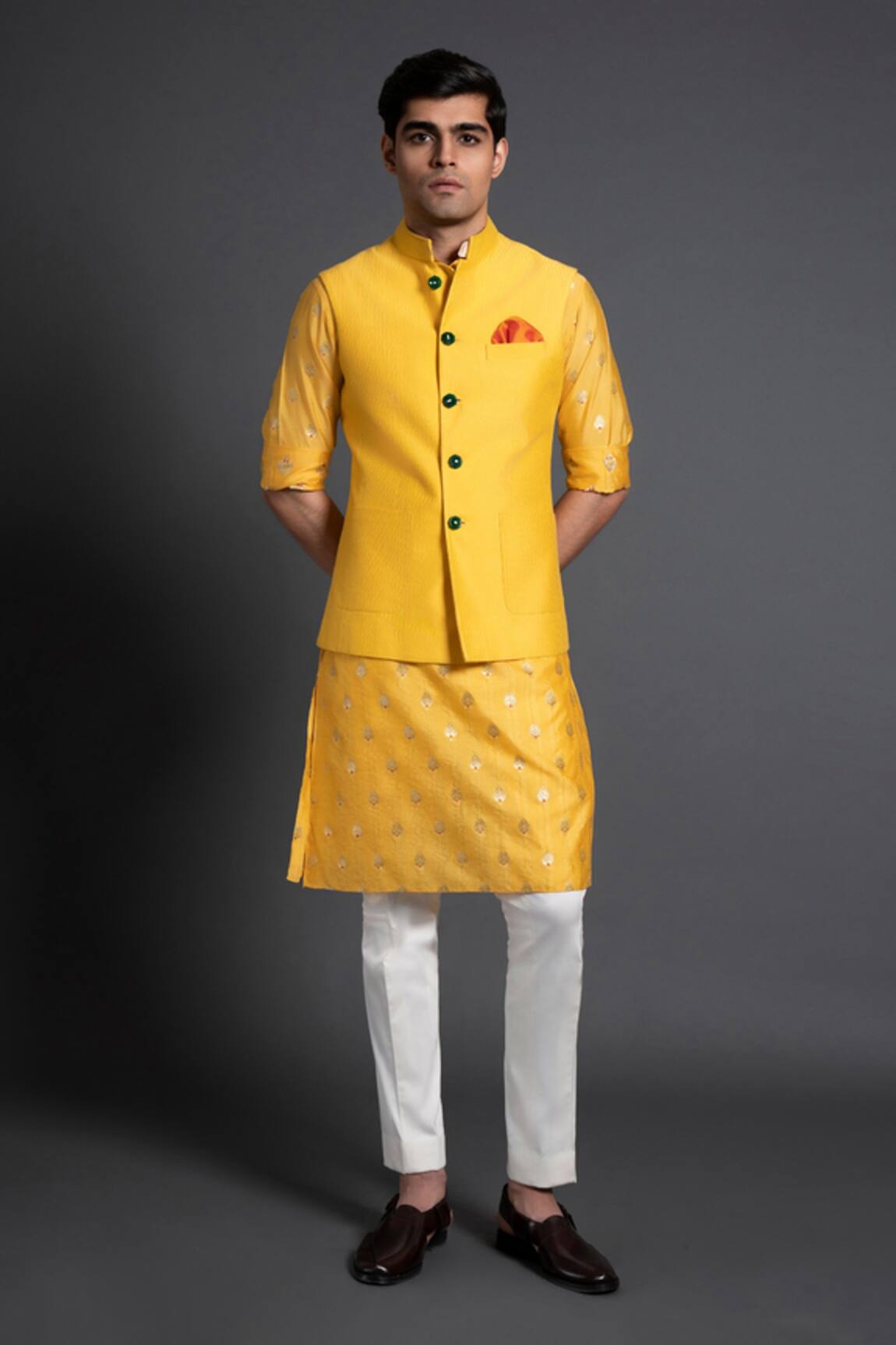 Raghavendra Rathore Jodhpur Kantha Embroidered Yellow Waistcoat