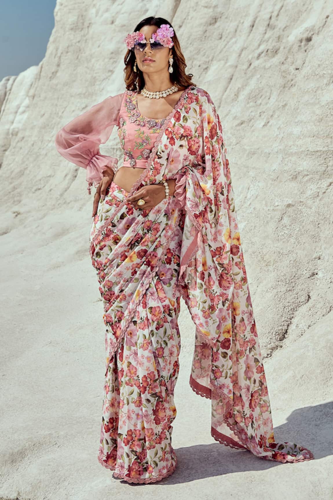 Nikita Vishakha Floral Printed Pre-Draped Saree Set 