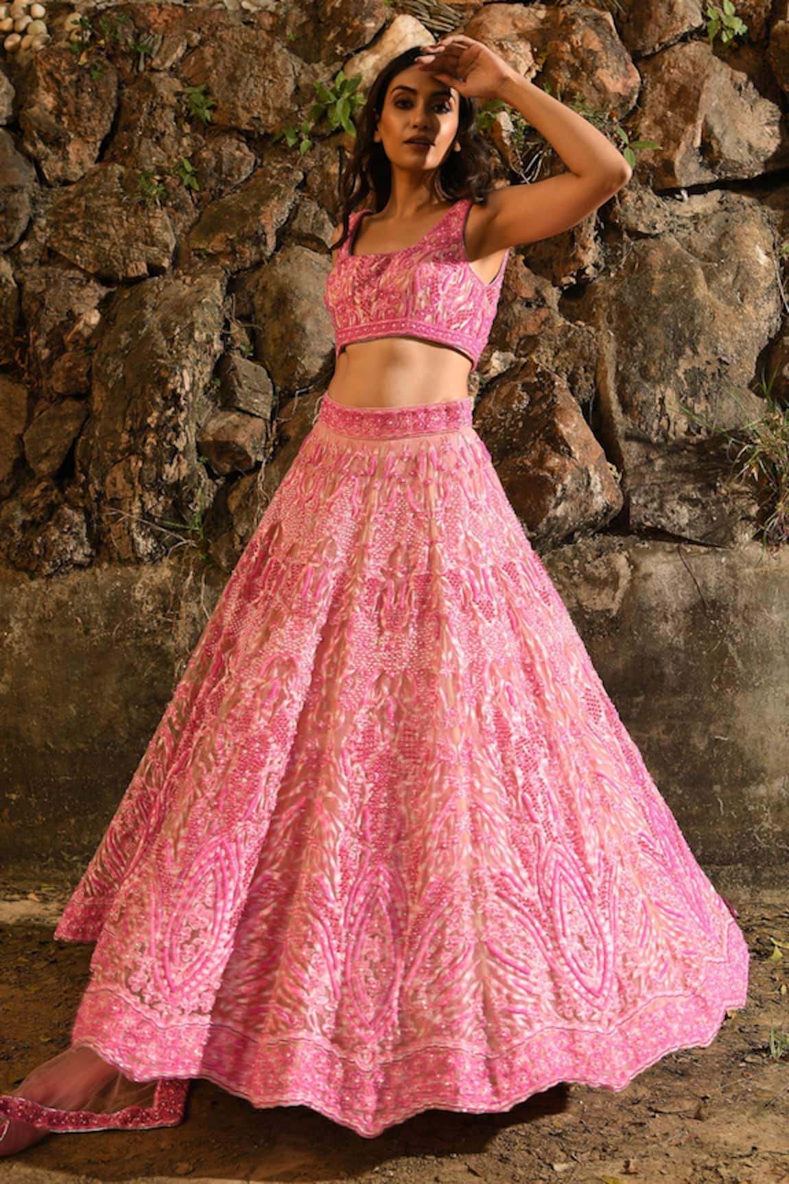 House of Exotique Floral Crystal Embroidered Bridal Lehenga Set 