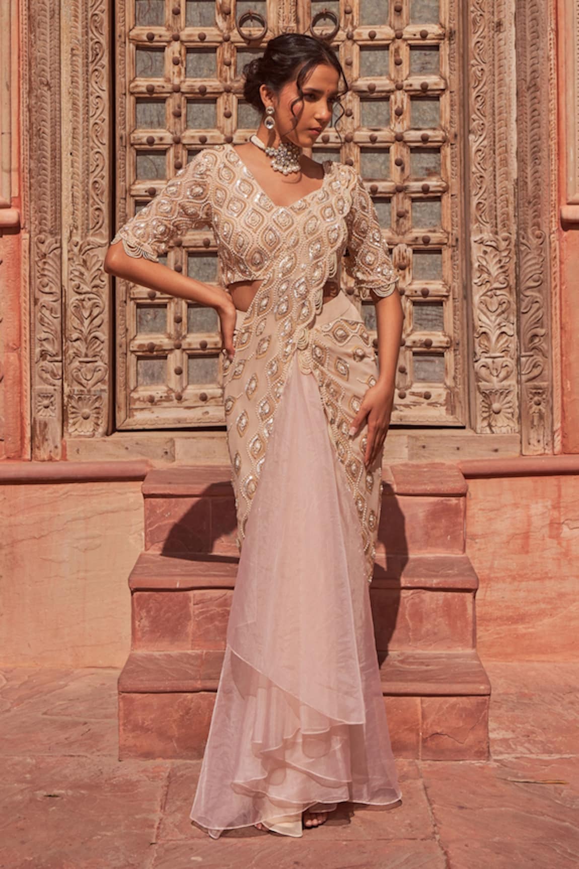 Nidhika Shekhar Natyanjali Embroidered Pre-Draped Ruffle Saree With Blouse