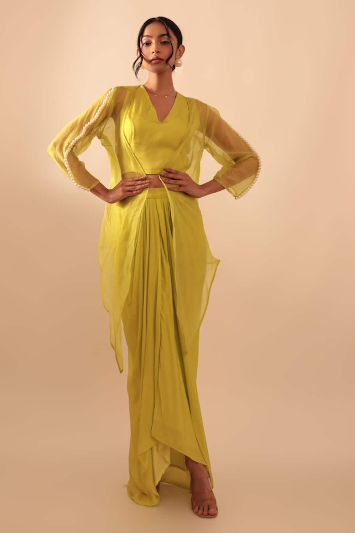 Vanshika Agarwal Label Neon Yellow Organza Jacket & Draped Skirt Set 