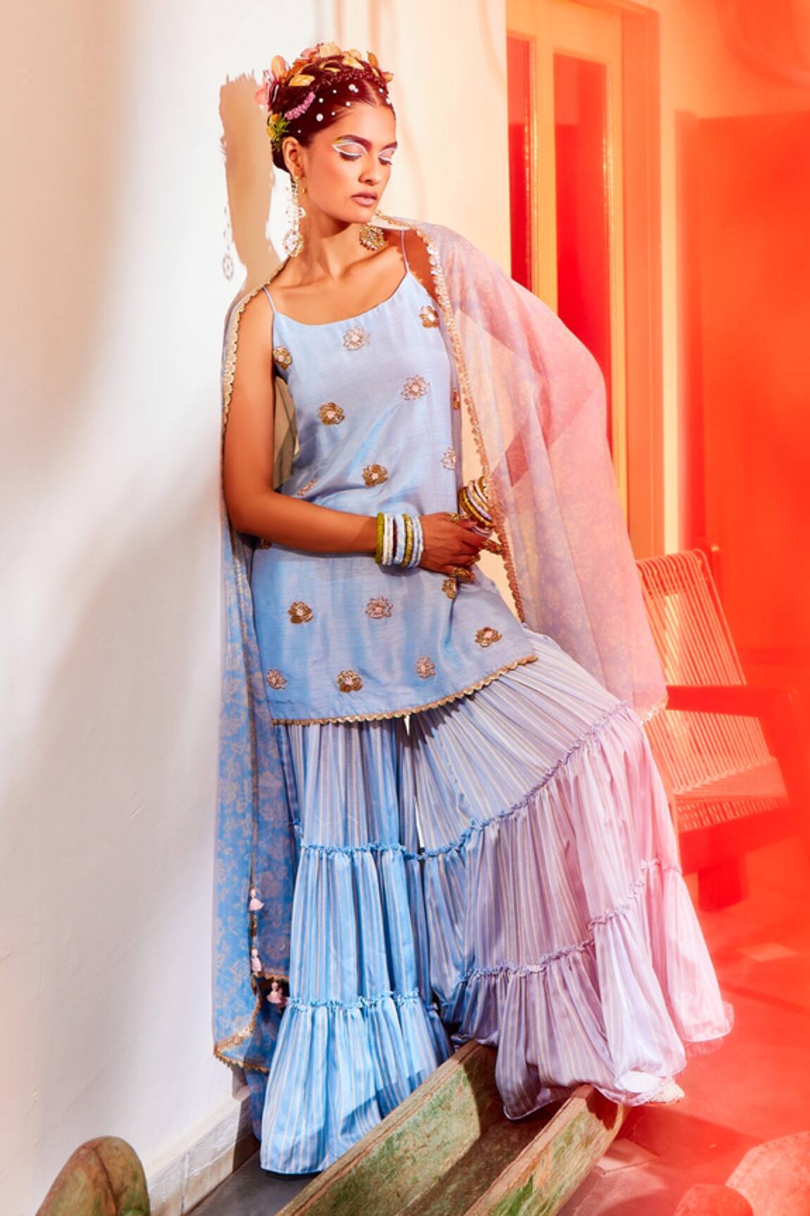 Mona And Vishu Resham Embroidered Kurta Printed Sharara Set 