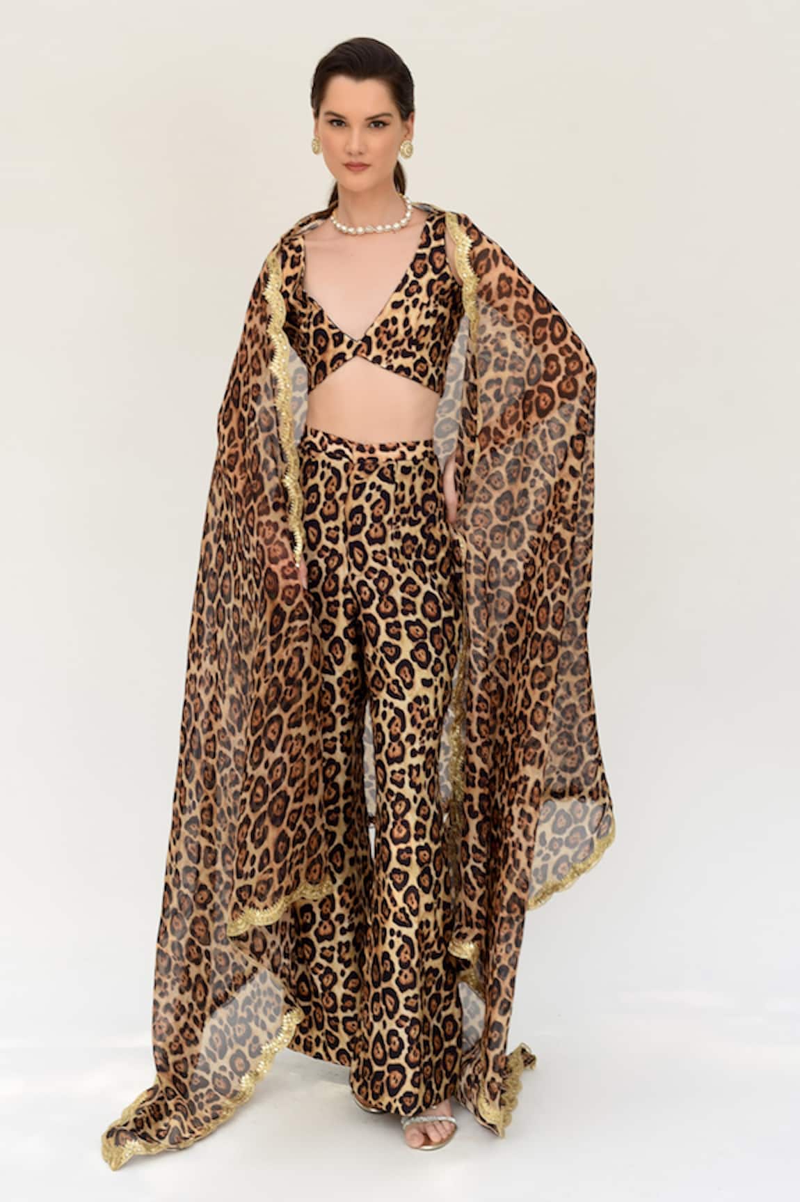 SANAM Hazel Silk Leopard Pattern Blouse Flared Pant Set