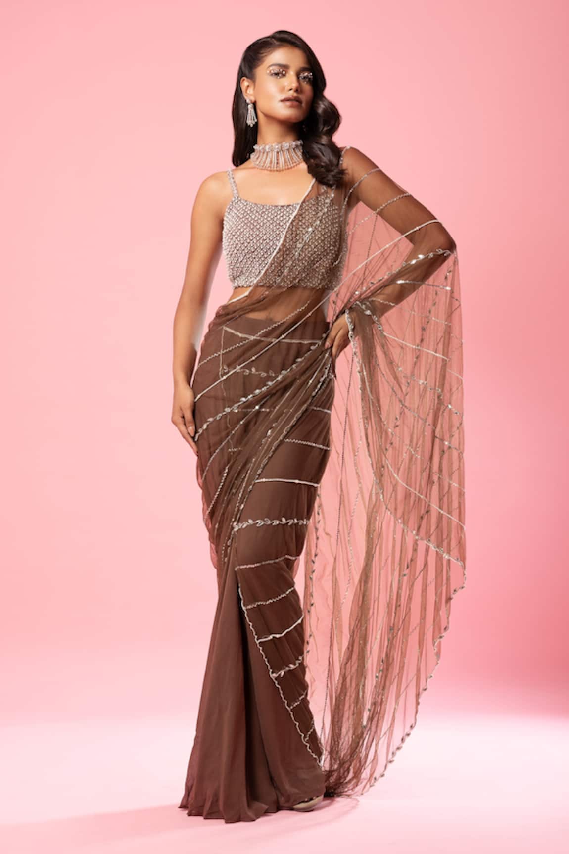 Quench A Thirst Pre-Stitched Saree With Sleeveless Embroidered Blouse