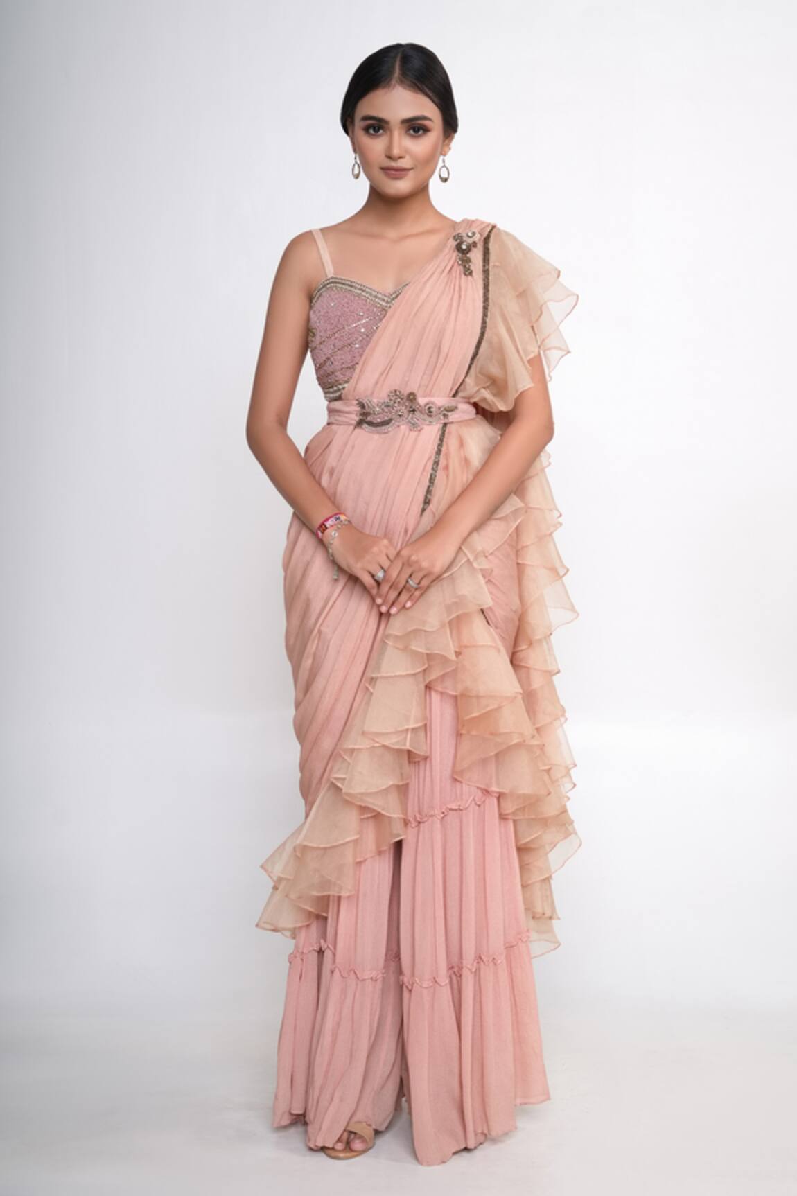 Merge Design Embroidered Sharara Pant Saree Set 