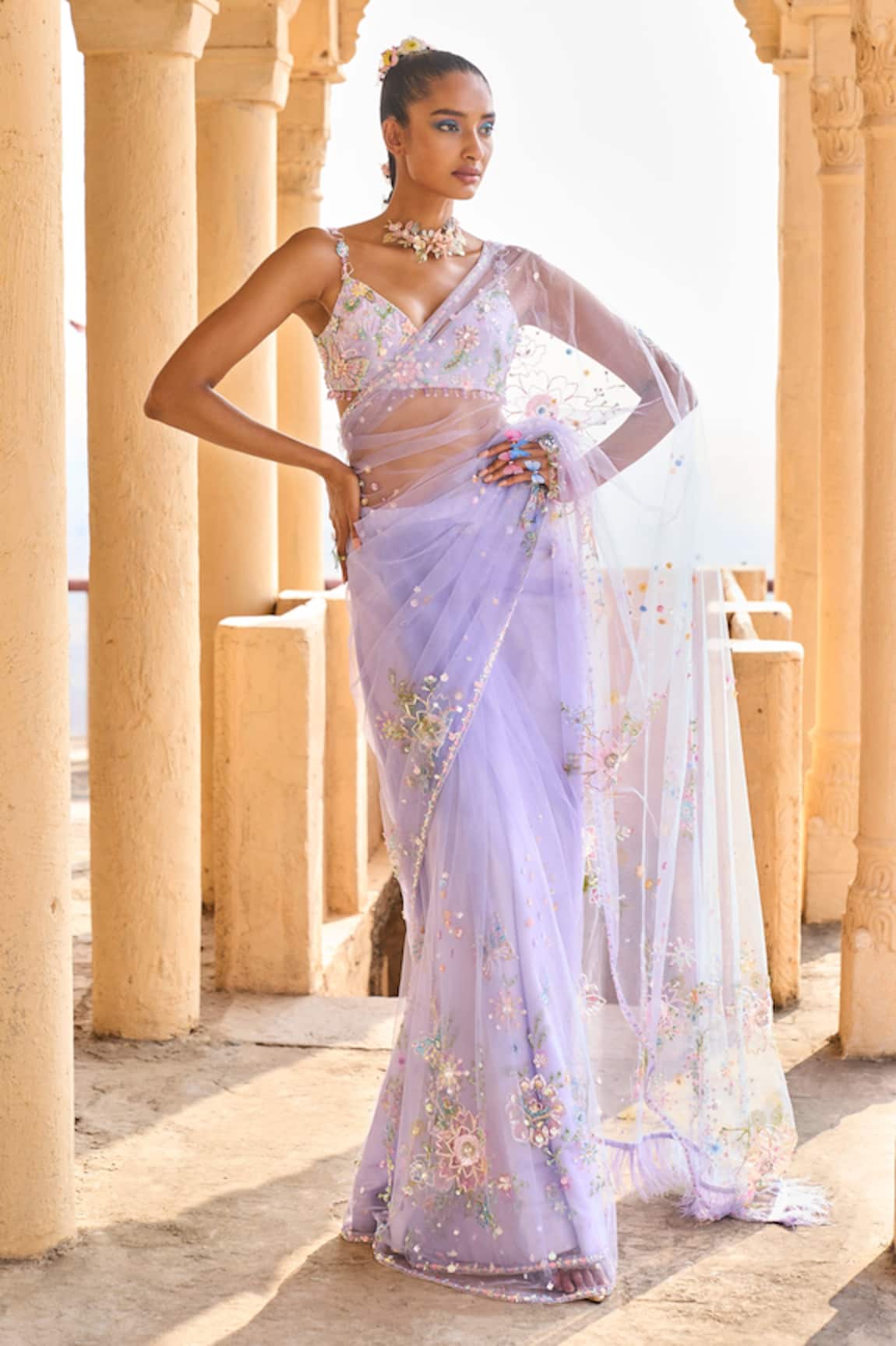 Lashkaraa Floral Beaded Pre-Draped Saree Set