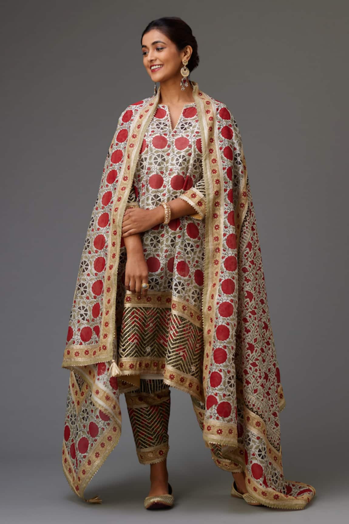 Kora Silk Chanderi Hand Block Print A-Line Kurta Set