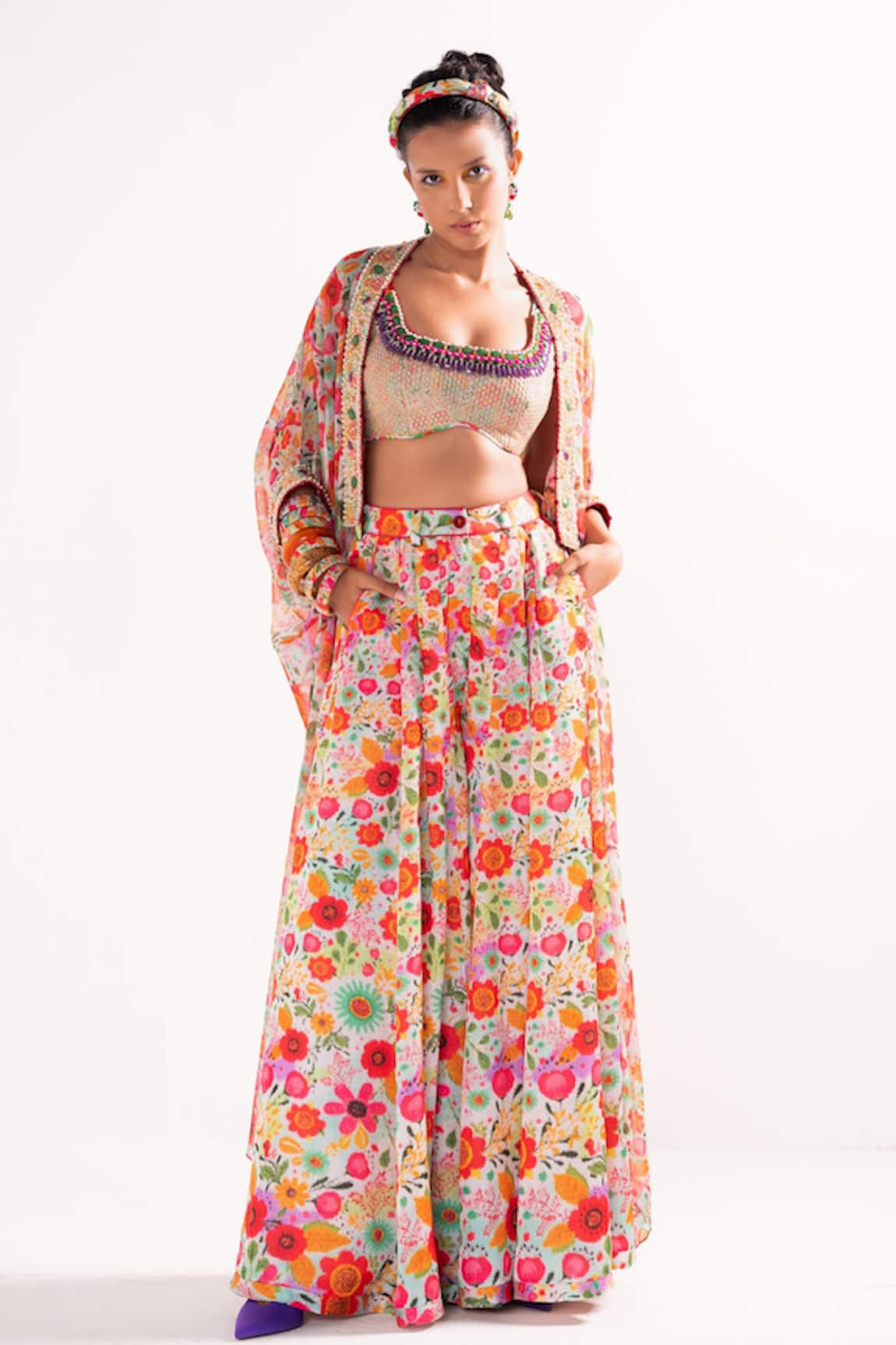 Cedar & Pine Floral Print Kaftan Flared Pant Set 
