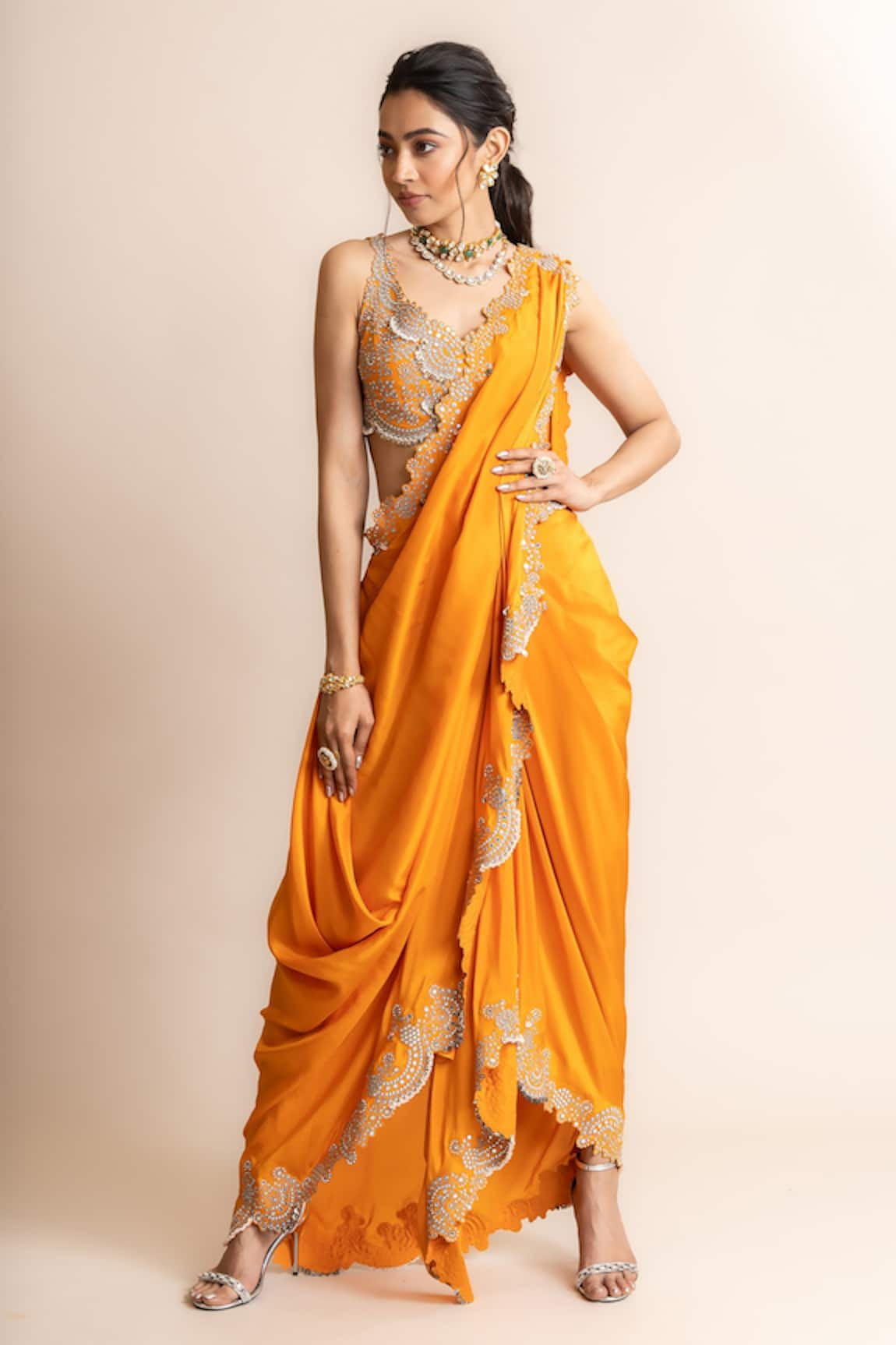 Nupur Kanoi Pre-Draped Bengali Saree With Hand Embroidered Blouse