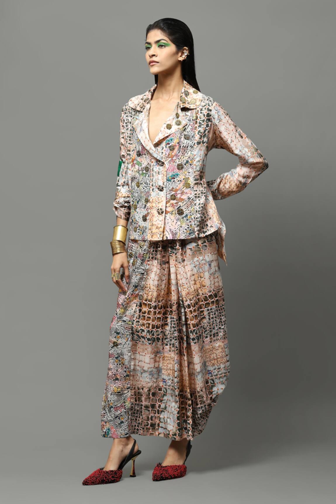 AK-OK Abstract Print Silk Top & Draped Skirt Set