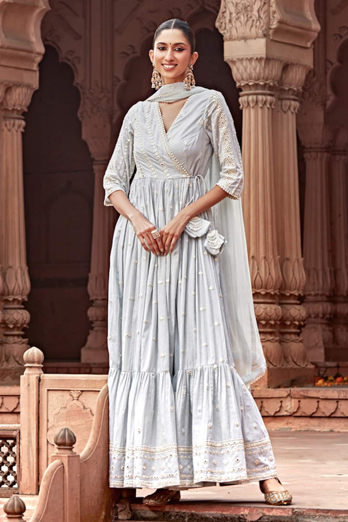 Preevin Mirror Embroidered Angrakha Anarkali With Dupatta