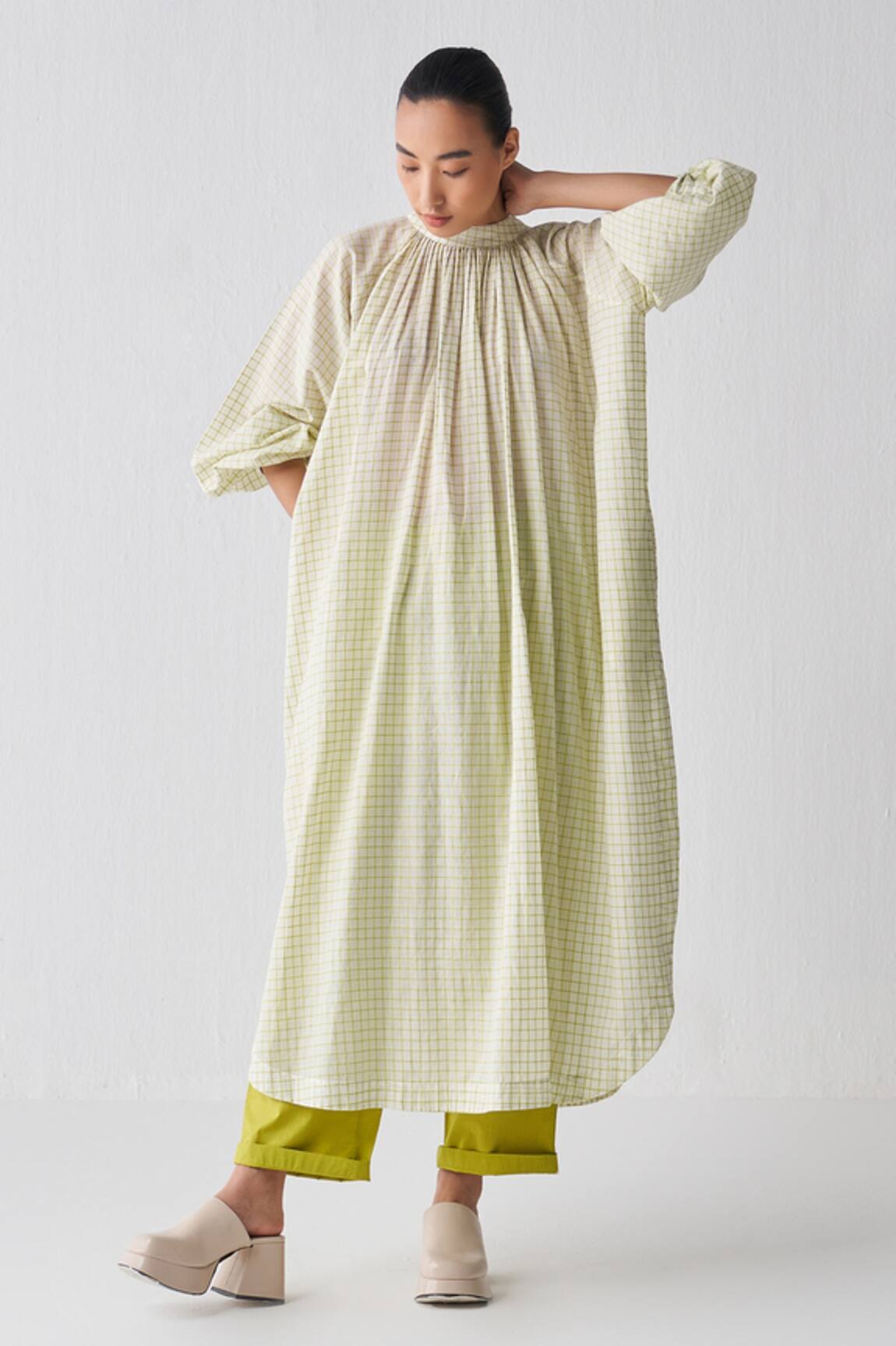 Three Lime Checkered Tunic & Narrow Pant Set