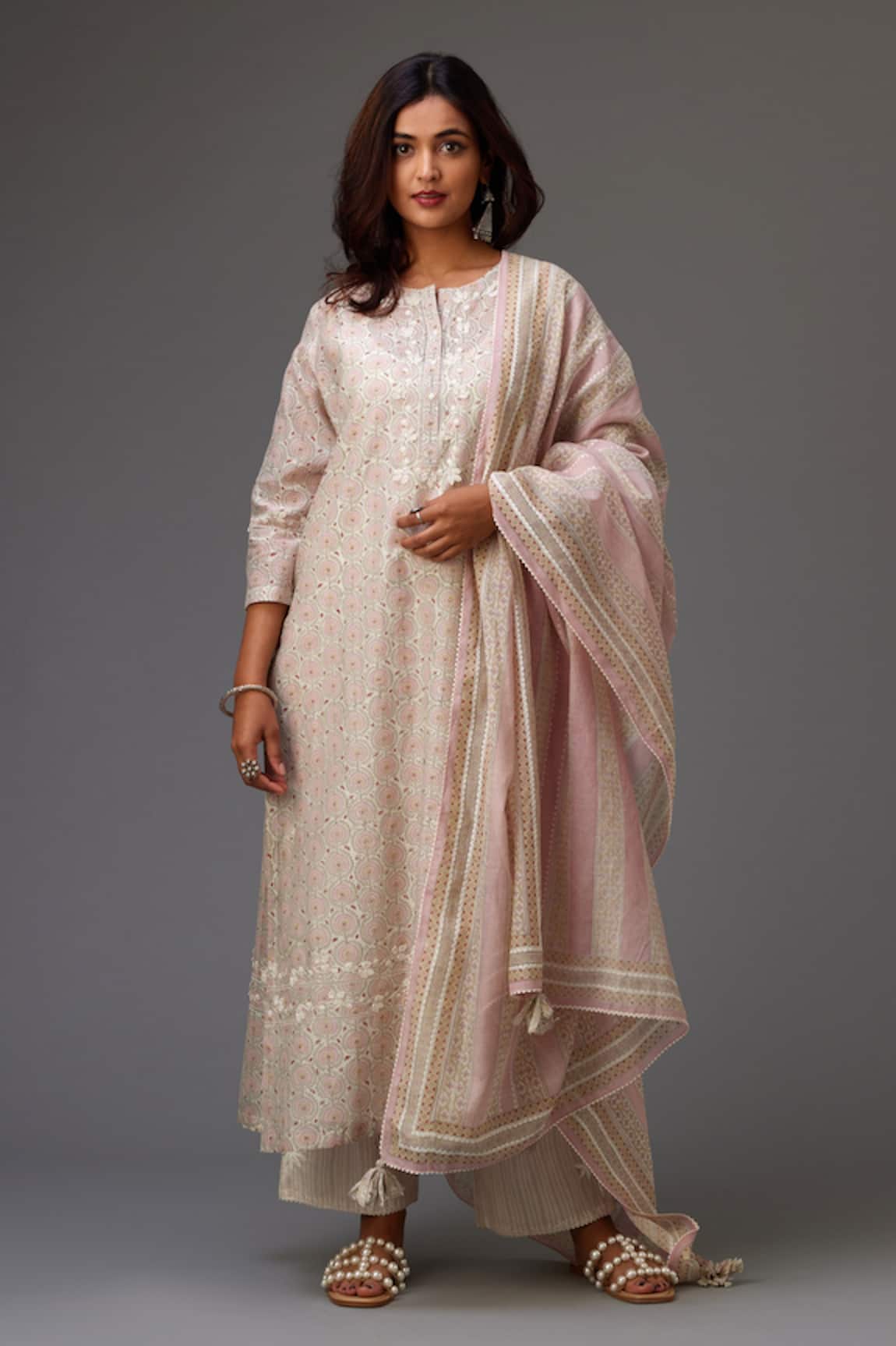 Kora Silk Chanderi Printed Straight Kurta Pant Set
