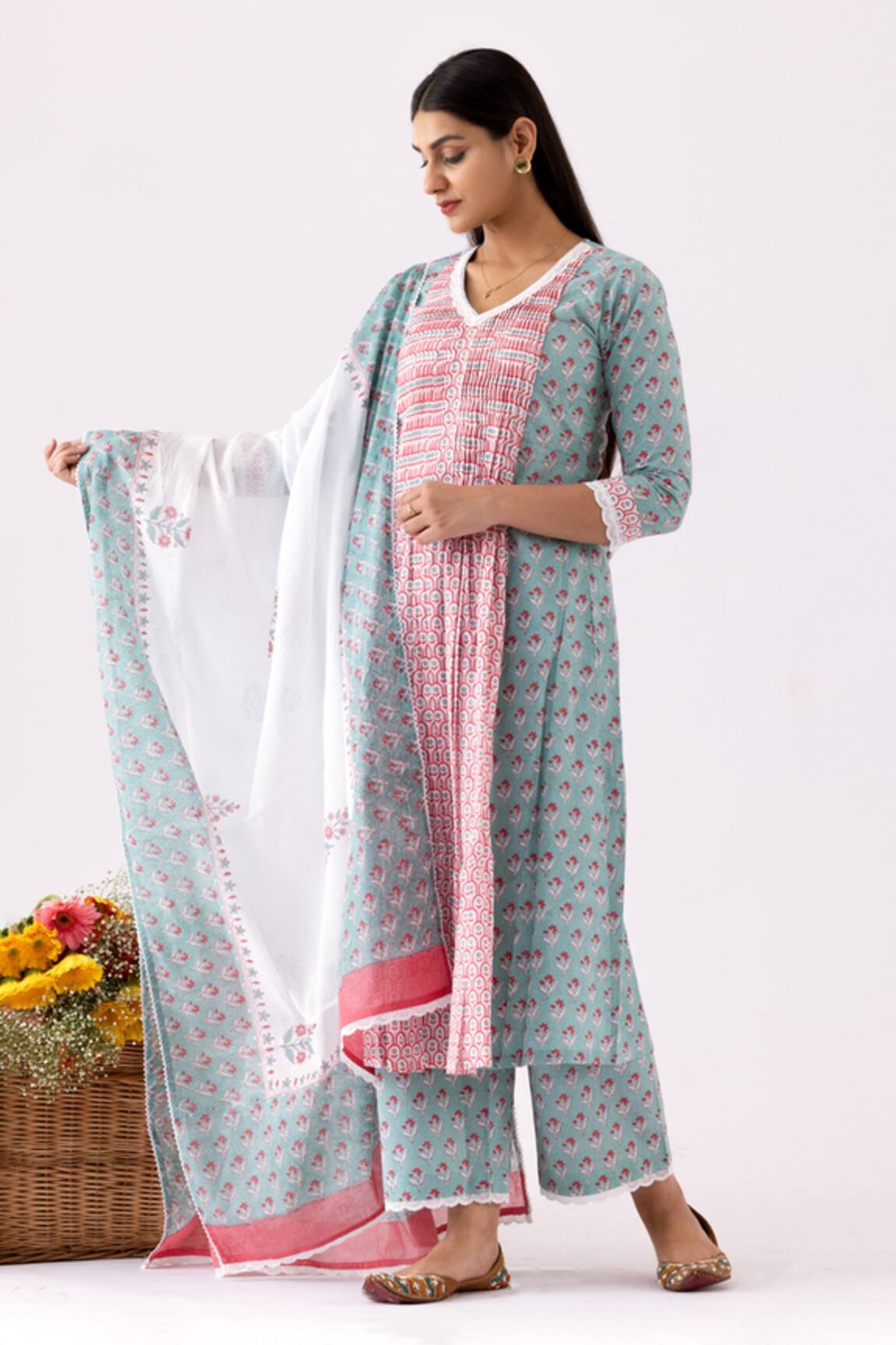 Abbaran Floral Block Print Anarkali Set