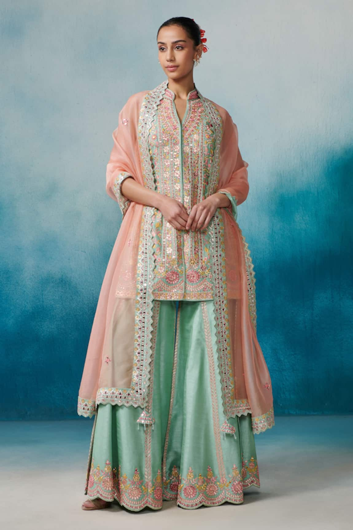 Suhino Floral Leaf Embroidered Kurta Gharara Set