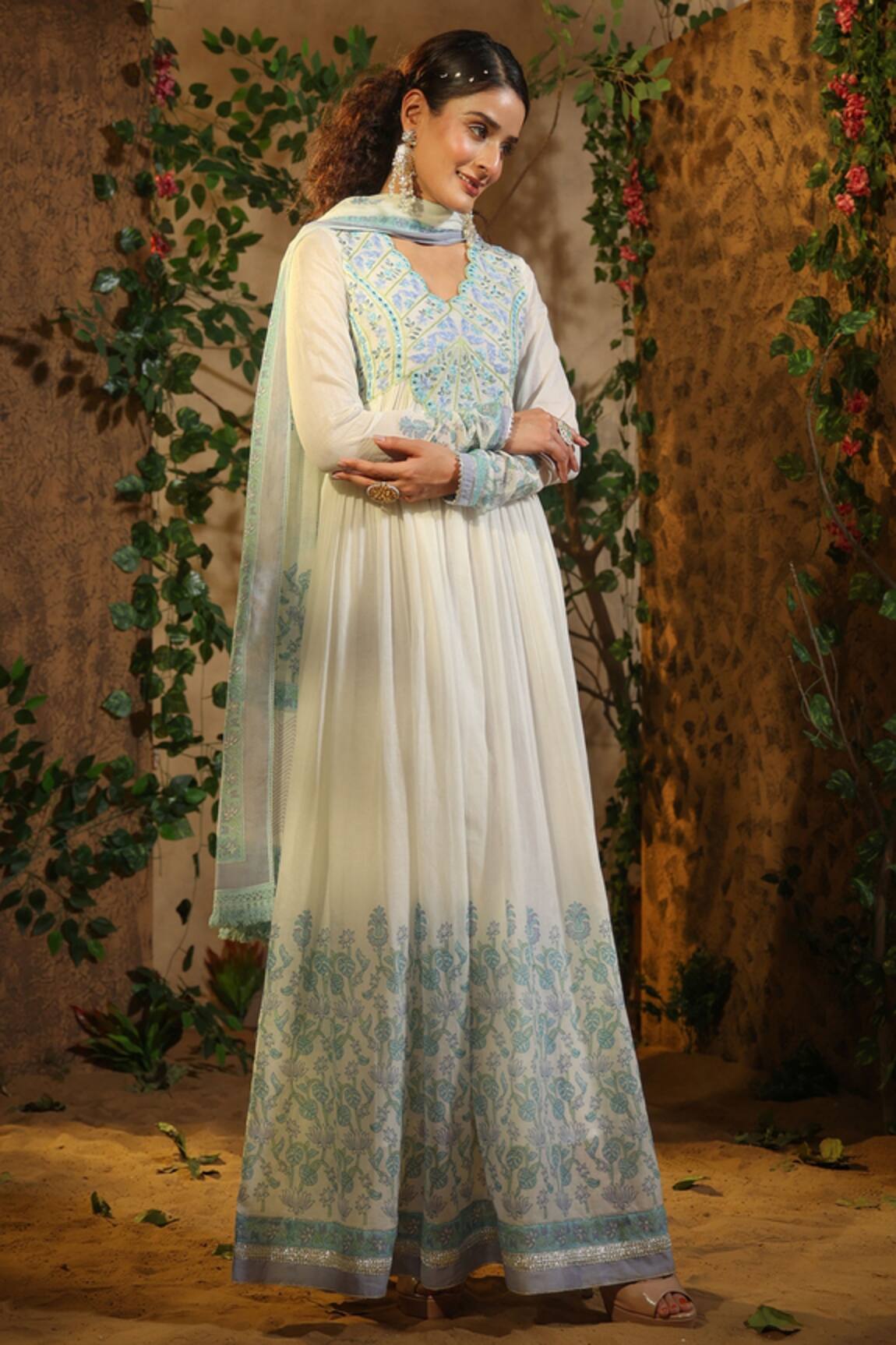 Bairaas Mirror Yoke Embroidered Anarkali With Dupatta
