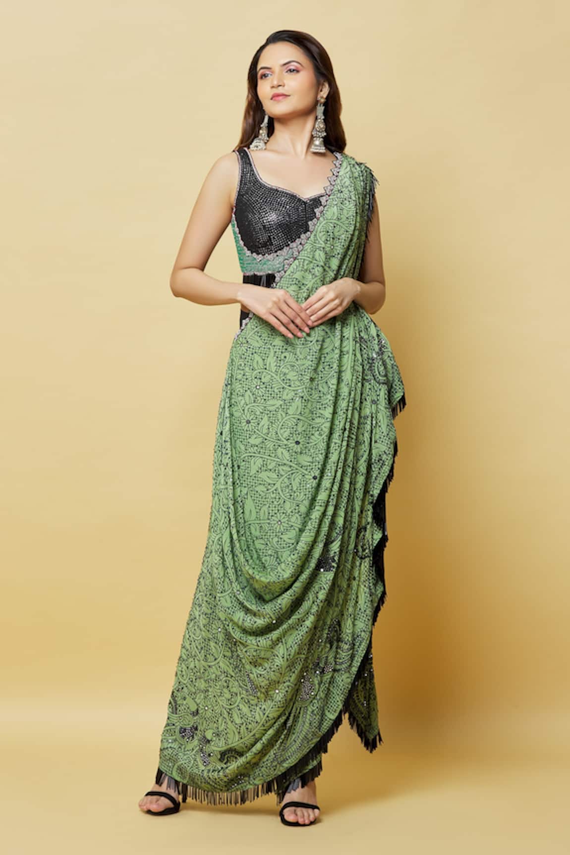 Nupur Kanoi Floral Print Pre-Draped Saree With Blouse 
