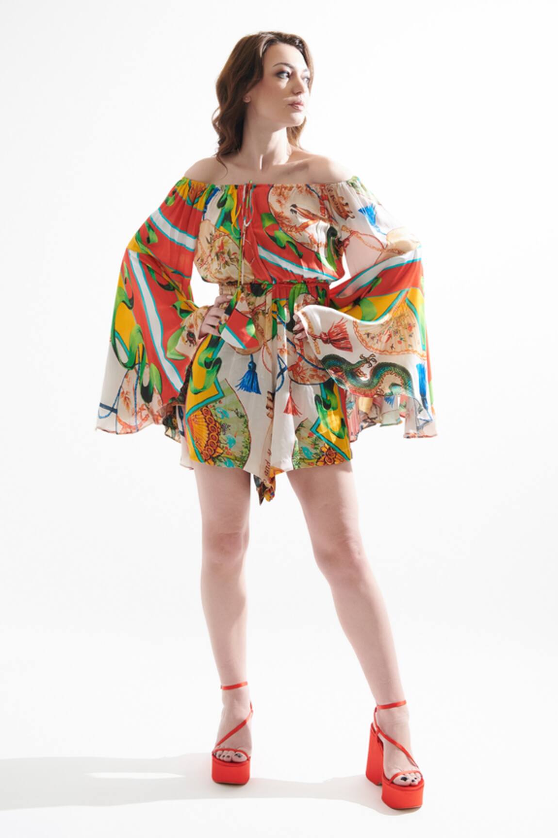 Cin Cin Philip Bell Sleeve Chinese Print Jumpsuit