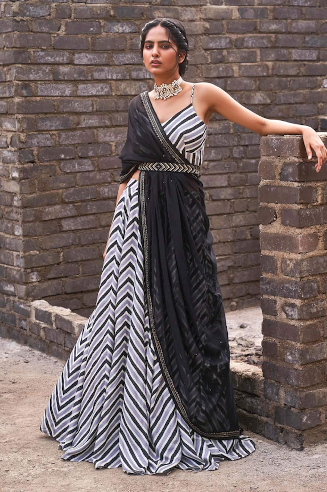 17:17 By Simmi Saboo Lyra Chevron Print Lehenga Set 