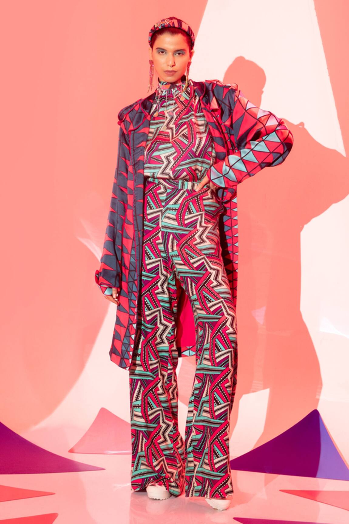 Esha L Amin Coachella Geometric Print Trench Jacket 
