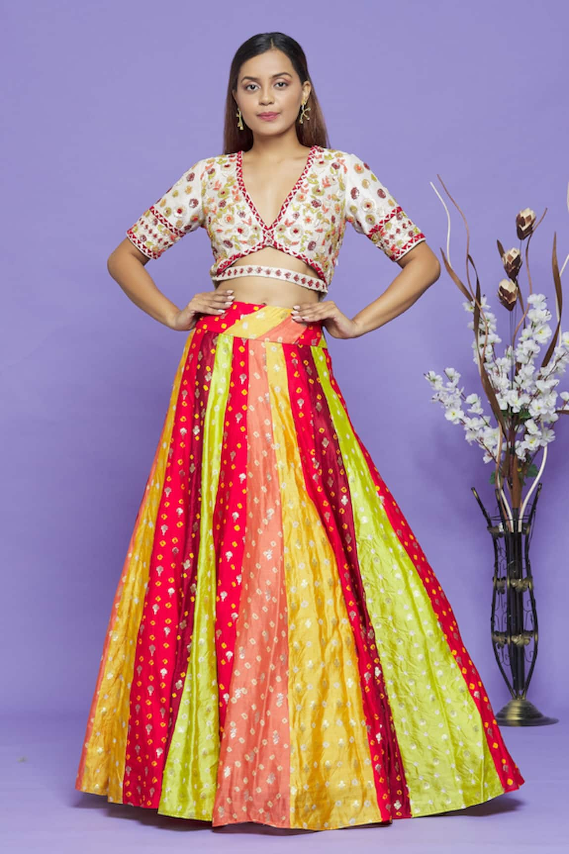 Neha Mehta Couture Floral Embroidered Blouse & Bandhani Lehenga