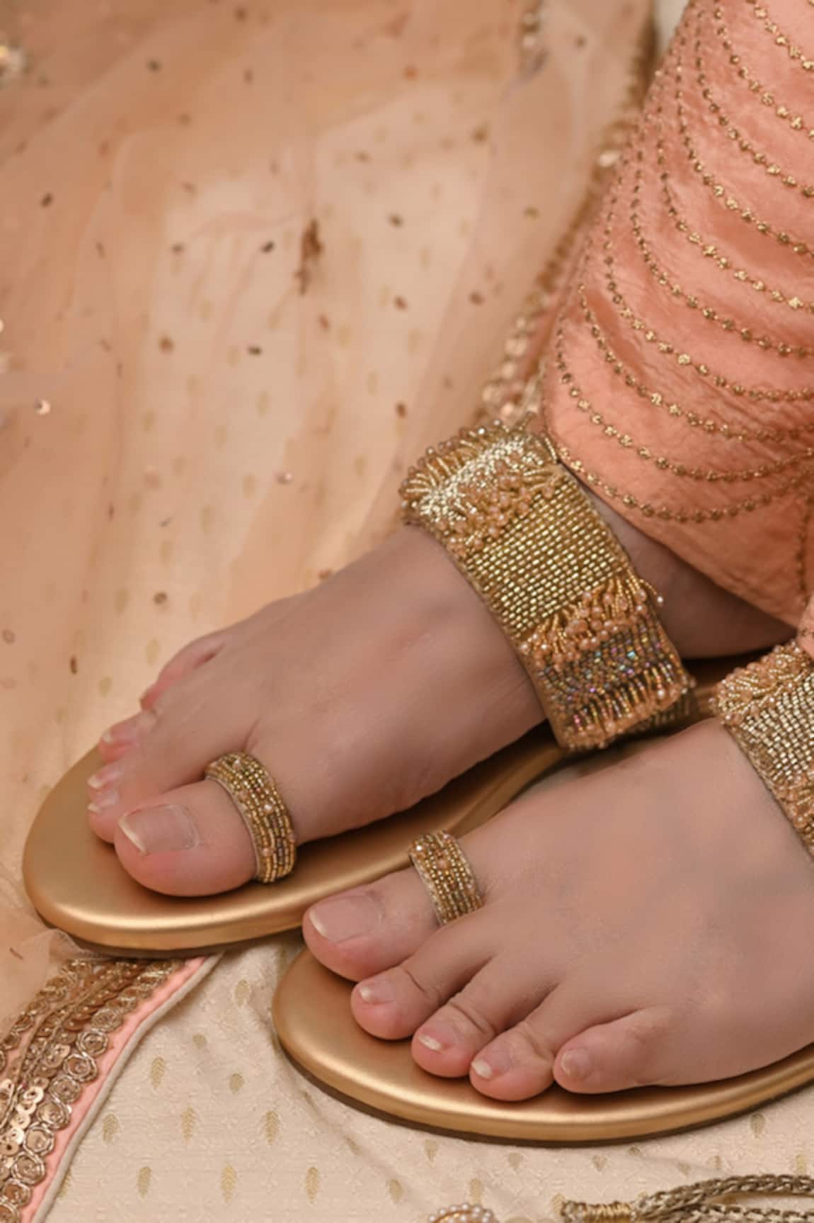 Coral Haze Gold Embroidered Toe Ring Flats 