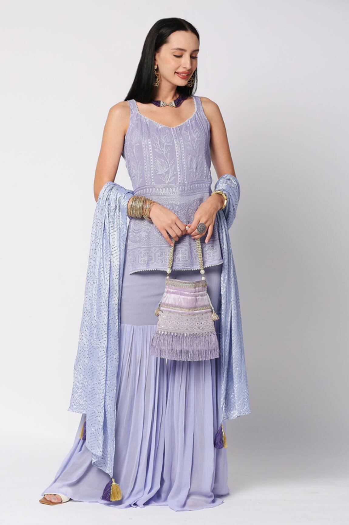 Monk & Mei By Sonia Anand Floral Embroidered Kurta Sharara Set