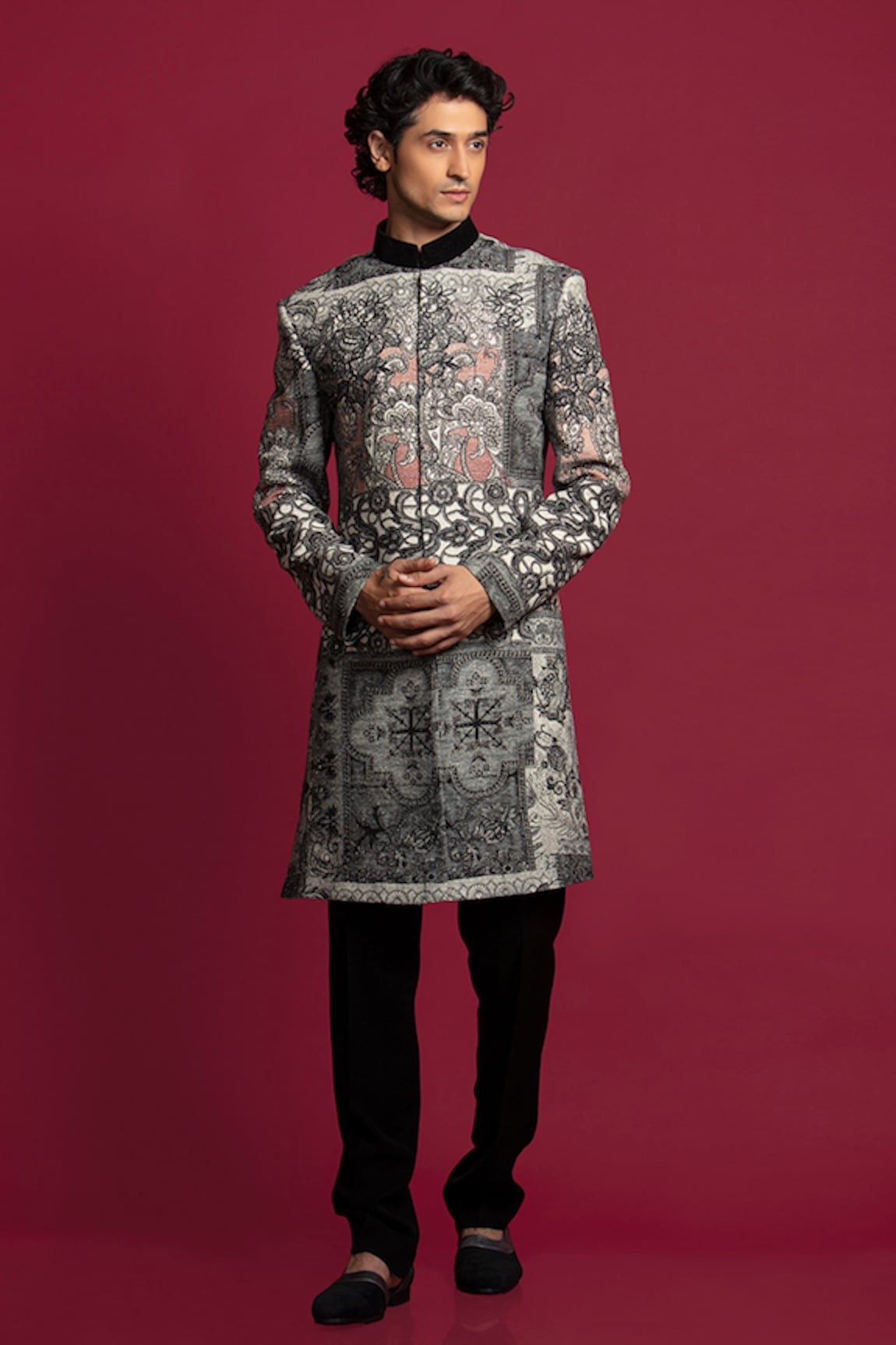 Jayesh Shah Monochrome Print A-Line Sherwani Set