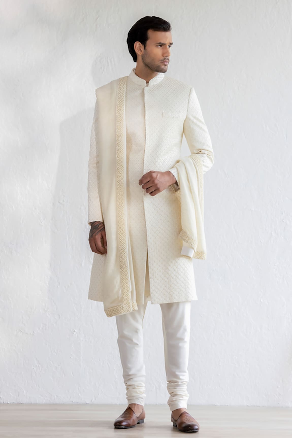 Qbik Shuqran Tonal Embroidered Sherwani Set