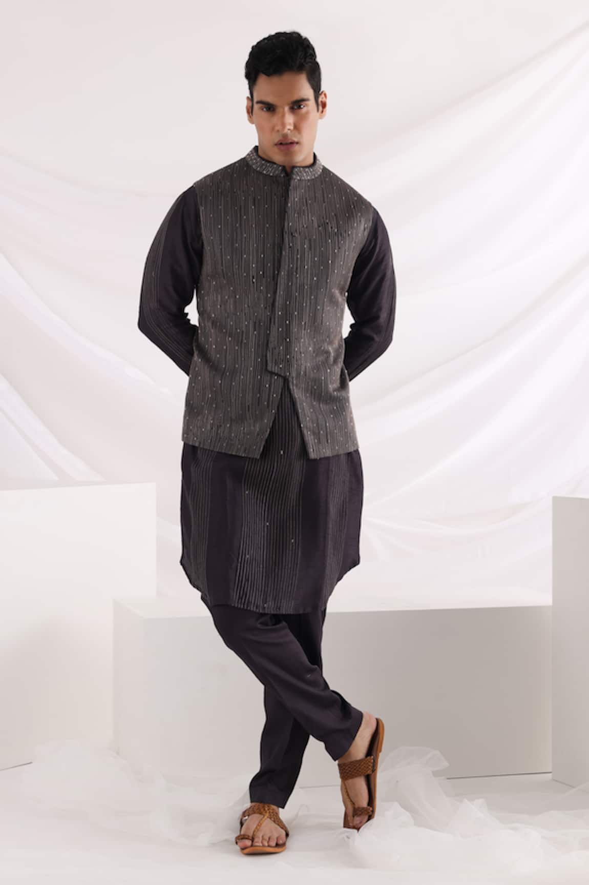 Smriti By Anju Agarwal Embroidered Black Linen Satin Bundi