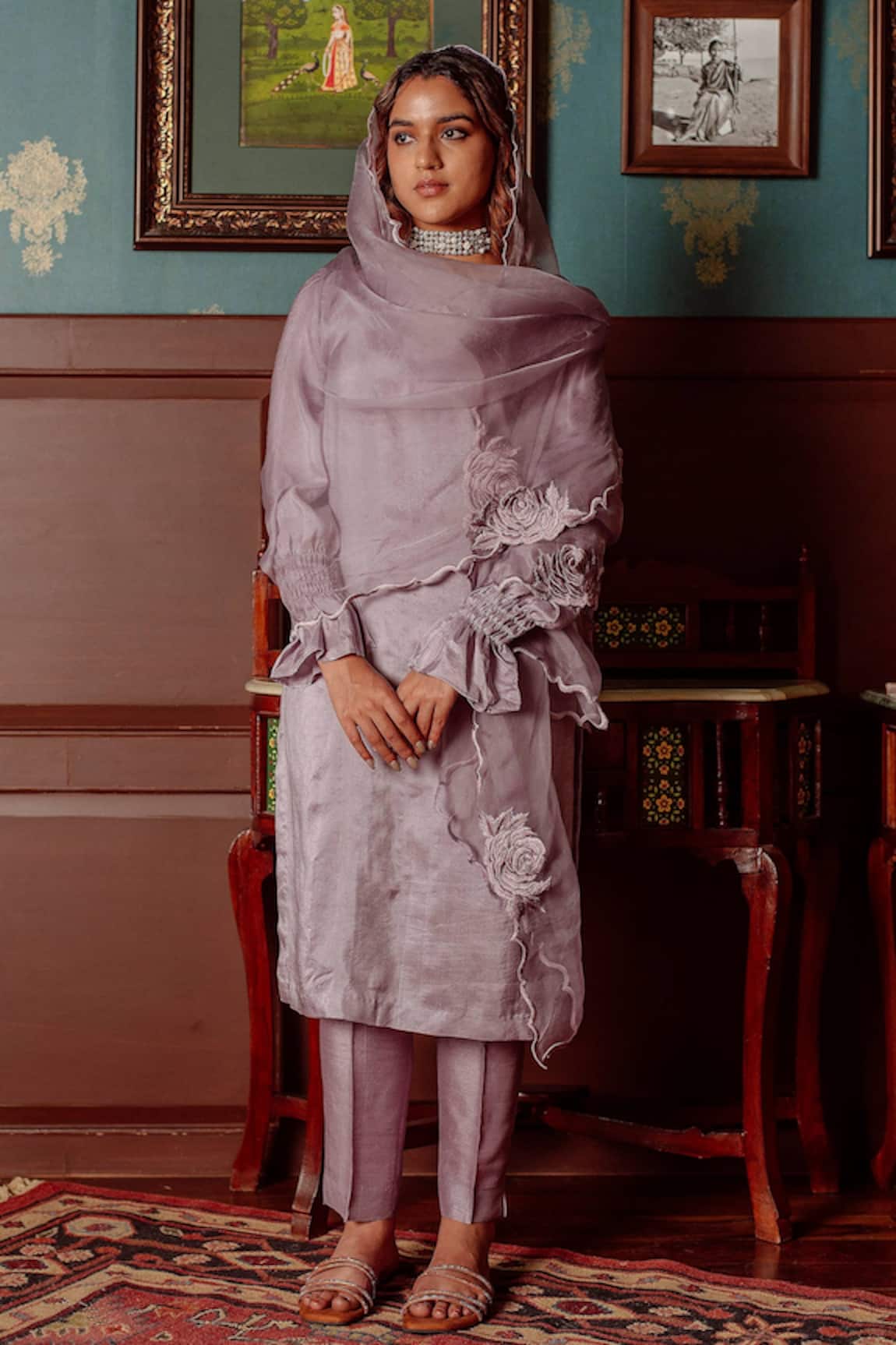 Lahario Silk Kurta Set With Rose Embroidered Dupatta