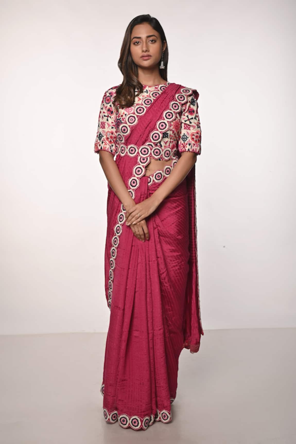 Soumodeep Dutta Handloom Silk Border Embroidered Saree With Blouse