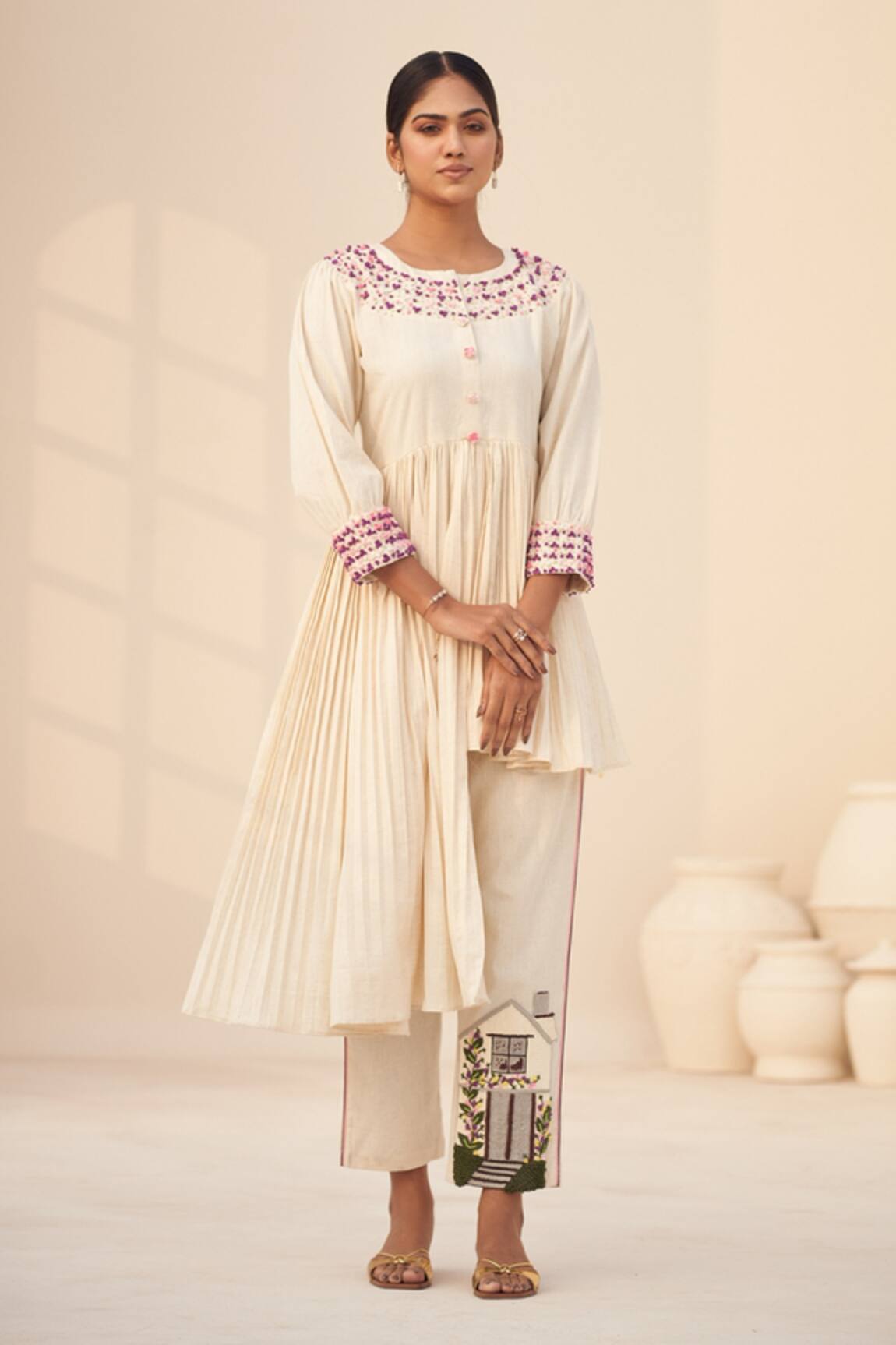 Hirika & Dhruti Hand Embroidered High Low Kurta & Pant Set 
