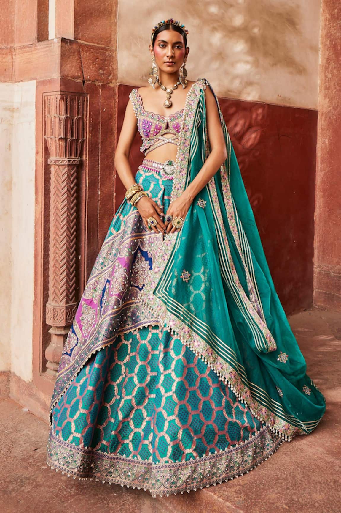 Aditi Gupta Bandhani Banarasi Woven Pattern Bridal Lehenga Set