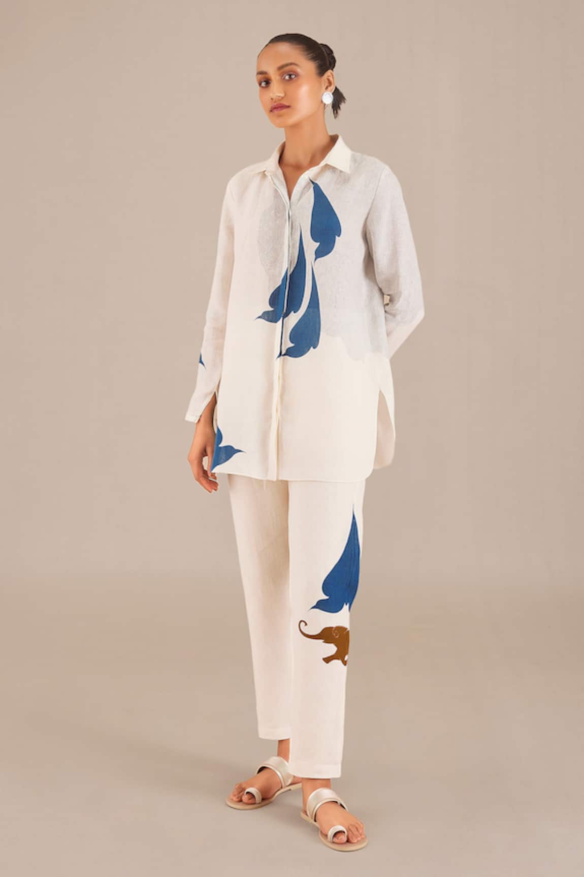 Ampm Bird Motif Linen Shirt & Pant Set