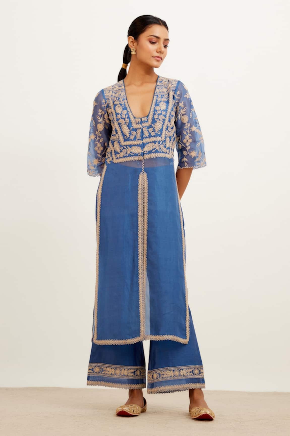 Devnaagri Chanderi Front Slit Kurta And Palazzo Set