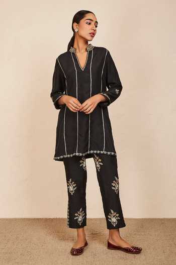 Sue Mue Silk Embroidered Short Kurta & Pant Set 