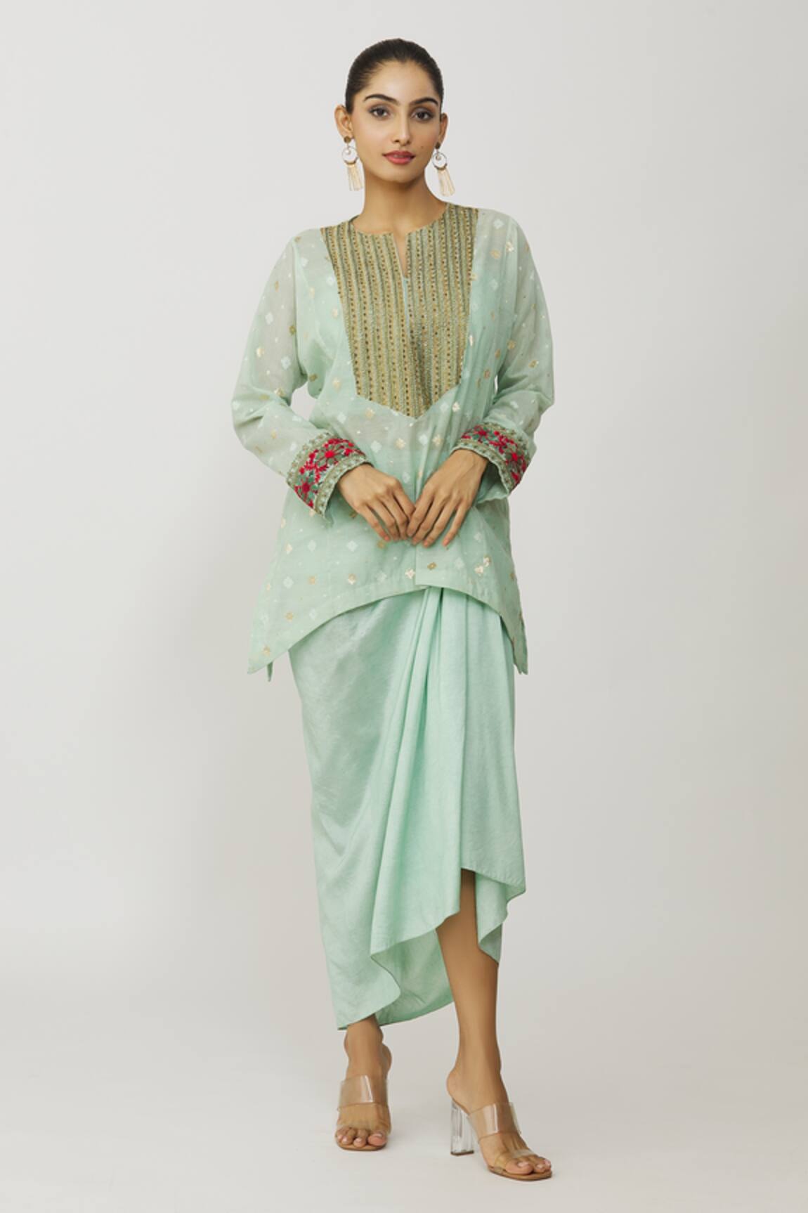 Neeta Bhargava Hand Embroidered Yoke Kurta Draped Skirt Set